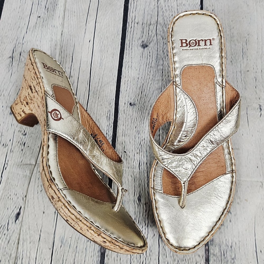 BORN | metallic leather thong cork heeled sandals